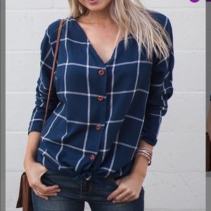 Navy Windowpane Tie-Front Button-Up - Women